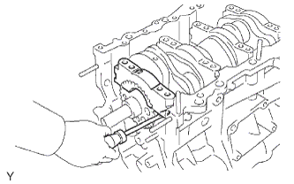 Cylinder block 1GR-FE Disassembly. Using a screwdriver, pry out the bearing caps. Remove the 4 bearing caps and lower bearings.