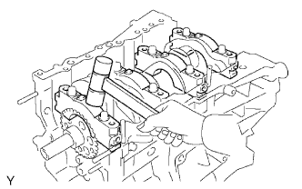 Engine unit 1GR-FE Inspection. Using a plastic-faced hammer, lightly tap the crankshaft bearing cap to ensure a proper fit.