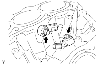 Engine unit 1GR-FE Disassembly. Remove the 2 bolts and 2 knock sensors.