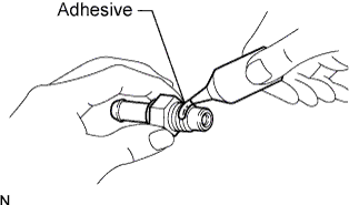 Engine unit 1GR-FE Reassembly. Apply adhesive to the threads of the ventilation valve.