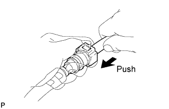 Align the axis of the connector with the axis of the pipe. Push the pipe into the connector until the connector makes a click sound. If the connection is tight, apply a small amount of fresh engine oil on the tip of the pipe. Engine assembly 1GR-FE Installation
