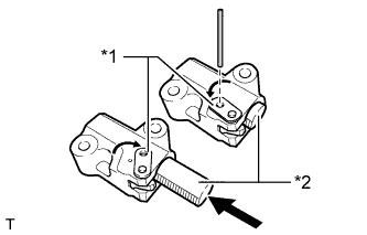 Land Cruiser. 3UR-FE Camshaft - Installation. Move the stopper plate clockwise to release the lock, and push the plunger deep into the tensioner.