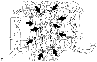 Engine unit 1GR-FE Installation. Install and uniformly tighten the 10 bolts in several passes.