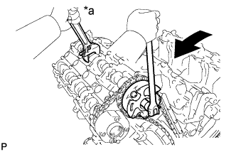 3UR-FE Engine unit - DIsassembly. Hold the hexagonal portion of the camshaft with a wrench and loosen the bolt.