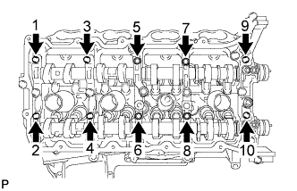 Land Cruiser. 3UR-FE Camshaft - Removal. Uniformly loosen and remove the 10 bearing cap bolts in the sequence shown in the illustration.