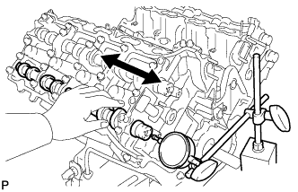 3UR-FE Cylinder head - Inspection. Using a dial indicator, measure the thrust clearance while moving the camshaft back and forth.