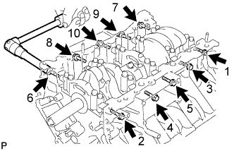 3UR-FE Cylinder block - Disassembly. Uniformly loosen and remove the 10 bearing cap bolts and 10 seal washers in several steps in the sequence shown in the illustration.