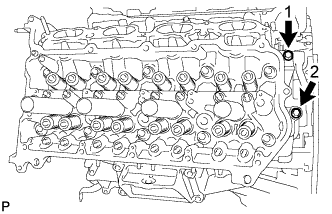 3UR-FE Engine unit - Reassembly. Install and uniformly tighten the 2 bolts in the sequence shown in the illustration.