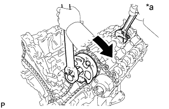 3UR-FE Engine unit - Reassembly. Using a wrench, hold the hexagonal portion of the No. 3 camshaft.