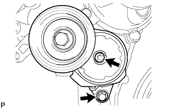 Land Cruiser. 3UR-FE Camshaft - Removal. Remove the standard bolt, 6 mm hexagon wrench bolt and belt tensioner.
