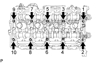 Land Cruiser. 3UR-FE Camshaft - Installation. Tighten the 10 bolts in the order shown in the illustration.