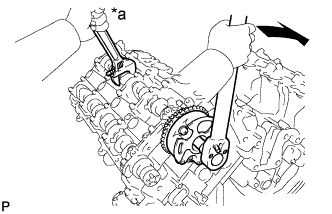 3UR-FE Engine unit - Inspection. Using a wrench to hold the hexagonal portion of the camshaft, install the camshaft timing gear with the bolt.