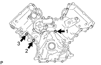 3UR-FE Engine unit - Reassembly. Tighten the 3 bolts in several steps in the sequence shown in the illustration.
