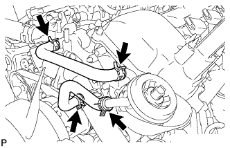 Engine unit 1GR-FE Disassembly. Remove the oil cooler hose and No. 2 oil cooler hose.