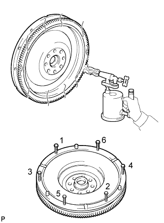 Engine unit 1GR-FE Removal. Using a torch, heat the ring gear evenly to approximately 200°C (392°F).