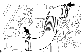 1GR-FE Клапанный зазор - Регулировка.  Ослабьте 2 хомута шланга и снимите шланг воздушного фильтра.