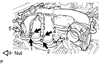 1GR-FE Valve clearance - Adjustment. Using an 8 mm hexagon wrench, install the intake air surge tank with the 4 bolts and 2 nuts in the order shown in the illustration.