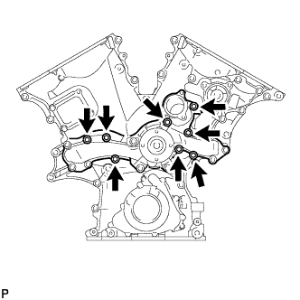 Engine unit 1GR-FE Disassembly. Remove the 8 bolts, water pump and gasket.