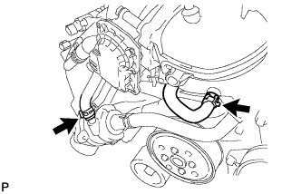3UR-FE Engine unit - Removal. Disconnect the 2 water by-pass hoses.