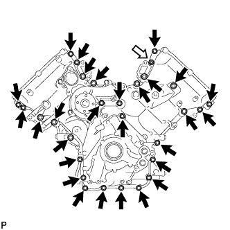 3UR-FE Engine unit - DIsassembly. Remove the 28 bolts and nut shown in the illustration.