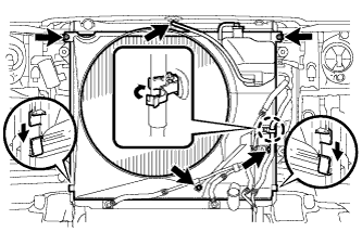 3UR-FE Engine assembly - Installation. >Attach the claws of the shroud to the radiator as shown in the illustration.