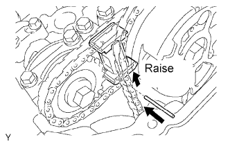 1GR-FE Camshaft - Removal. While raising the No. 2 chain tensioner, insert a pin of ?1.0 mm (0.0394
			 in.) into the hole to fix the tensioner in place.