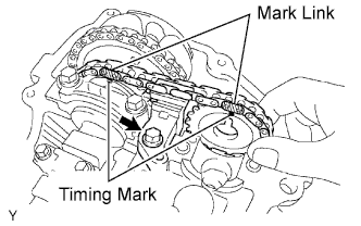 1GR-FE Valve clearance - Adjustment. Temporarily install the camshaft timing sprocket and No. 2 chain tensioner with the bolt and align the mark links (yellow) with the timing marks (1-dot mark and 2-dot mark) of the camshaft timing gear and sprocket.