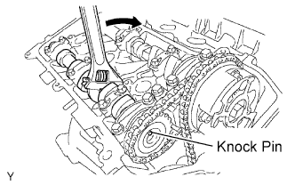 1GR-FE Valve clearance - Adjustment. Rotate the No. 2 camshaft clockwise using a wrench so that the knock pin of the No. 2 camshaft is aligned with the knock pin hole of the camshaft timing sprocket.