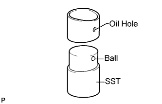 Engine unit 2AD-FHV. Attach a new bush to SST with the ball of SST inside the oil hole of the bush.