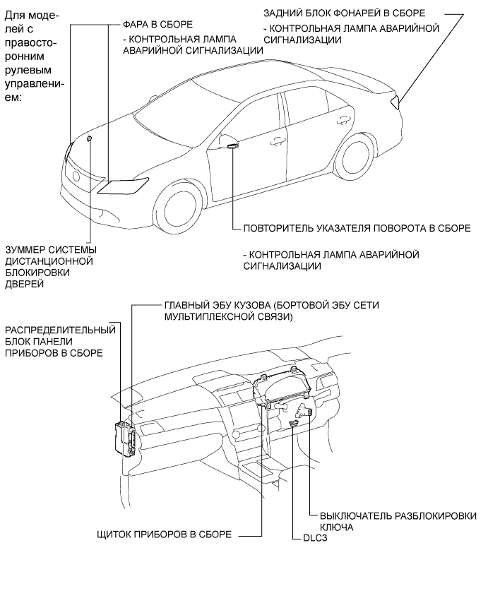 Camry ASV50 GSV50 ACV51.Дверные Замки.Система Управления Замками Дверей.Система дистанционной блокировки дверей (для моделей без интеллектуальной системы посадки и запуска) расположение деталей
