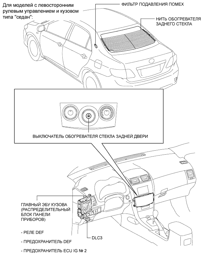 COROLLA, AURIS. ZZE150 ZRE151,152 NDE150.Ветровое Стекло Оконные Стекла.Система Управления Электрическими Стеклоподъемниками.Система Обогревателей Стекол (Для Моделей С Кондиционером С Ручным Управлением) Расположение Деталей
