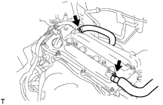 Отсоедините 2 шланга вентиляции картера от крышки головки блока цилиндров двигателя 1AZ-FE 